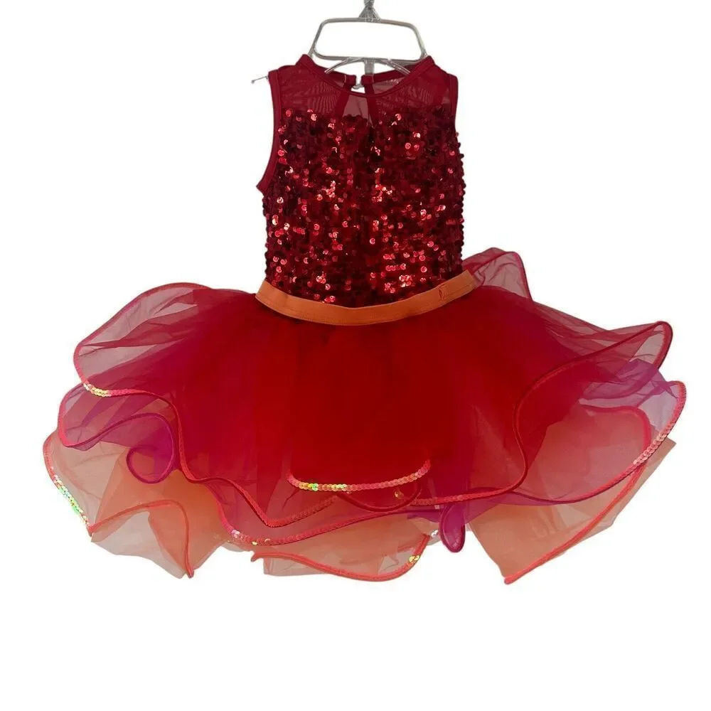 Weissman Ballet Dress Size XSC Tutu Red Sequin Pink Orange Style 14218 Dance